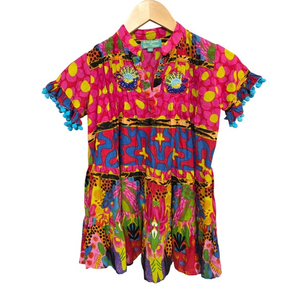 Antica Sartoria Other - Antica Sartoria Girls Dress M Pink Red Multicolor Beaded Boho Pom Pom Italian